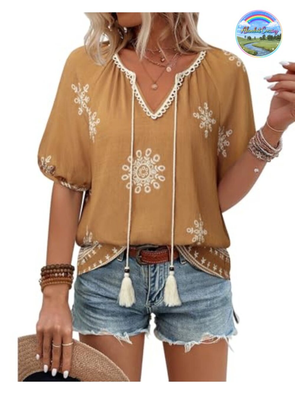 Womens Rayon Nylon Boho Floral Blouse V Neck Tie Front Peasant Top